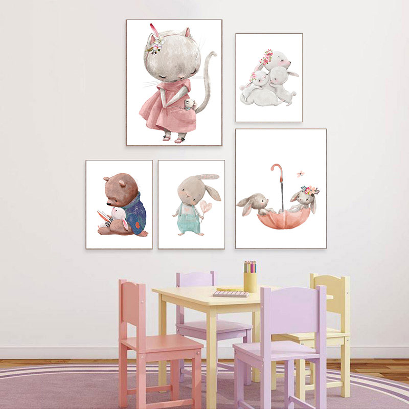 Baby Nursery Animal Prints - 1 Stück rahmenloser dekorativer Kunstdruck, Bär-Kaninchen-Kunstdruck