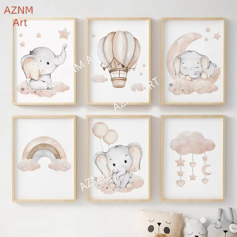 Baby Nursery Art - Elefanten-Ballon, Regenbogen, Mond, Sterne, Wolke, Schaukel,