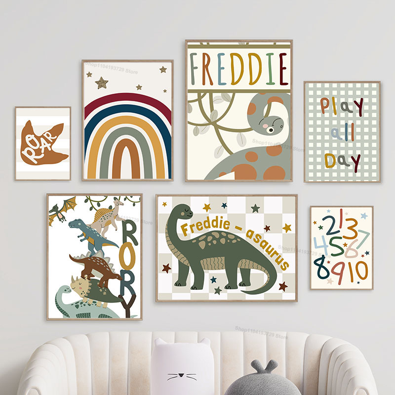 Baby Name Wall Art - Jurassic Dinosaur Rainbow Personalisierte Namens-Wandkunst Nordische