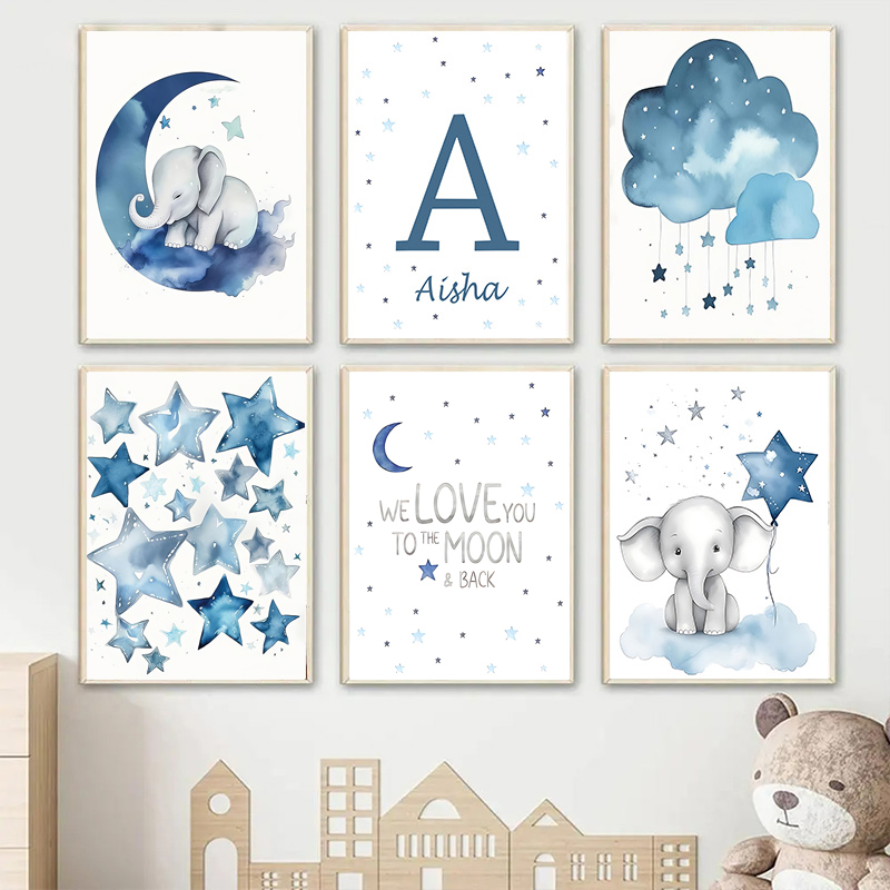 Baby Name Wall Art - Blauer Mond und Sterne, Baby-Name, individuelles