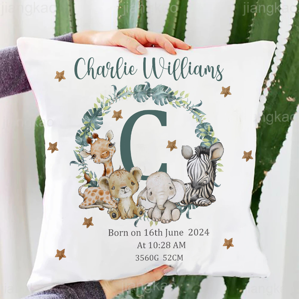 Baby Nursery Animal Prints - Personalisierter Safari-Tier mit Namen, Kissenbezug, Kinderzimmer-Kissenbezug,