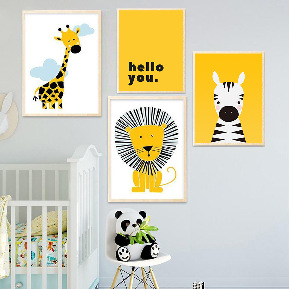 Baby Nursery Yellow Walls - Cartoon Tier Poster Gelb Lion Giraffe