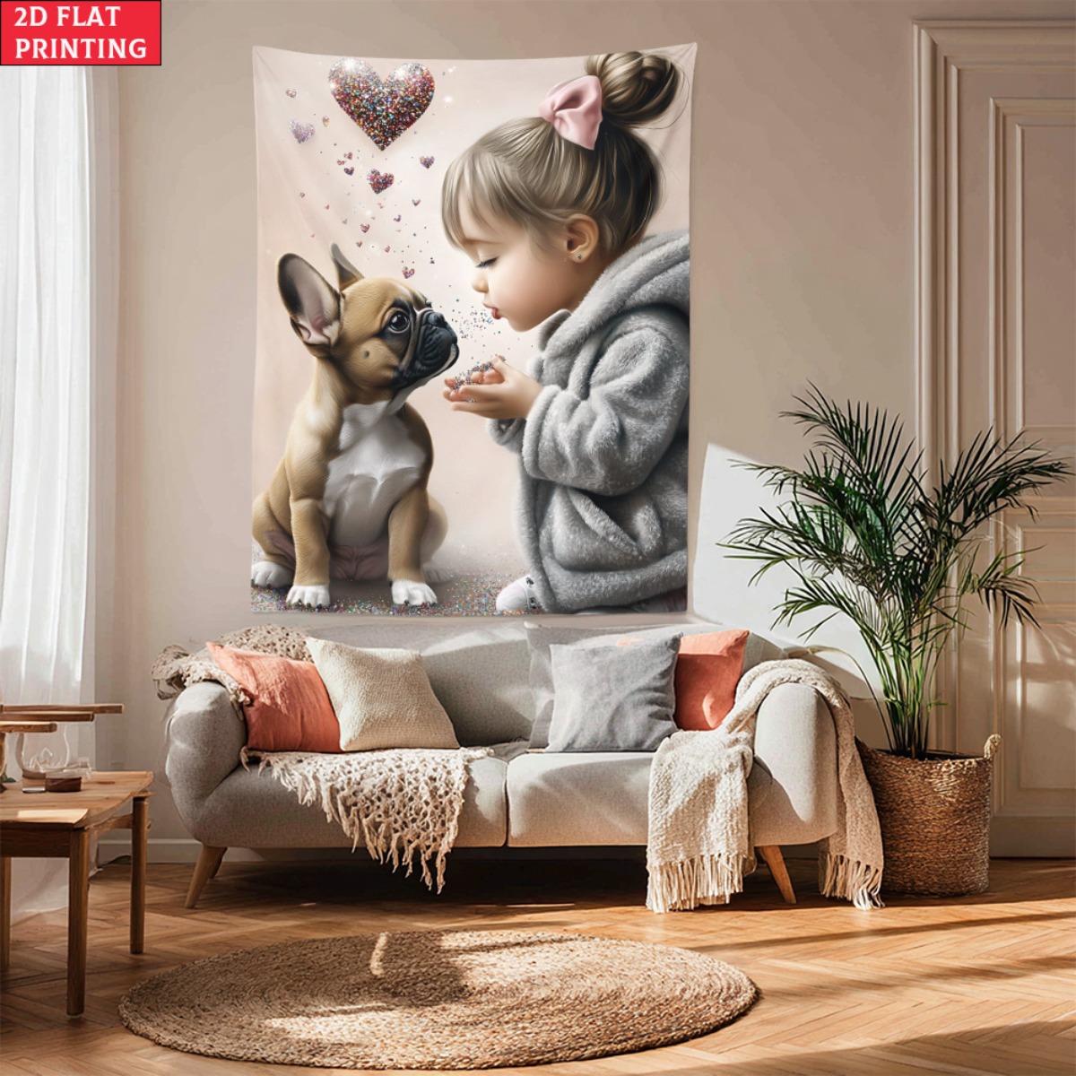 Baby Nursery Modern - Mädchen mit französischer Bulldogge, Welpe, Herz,