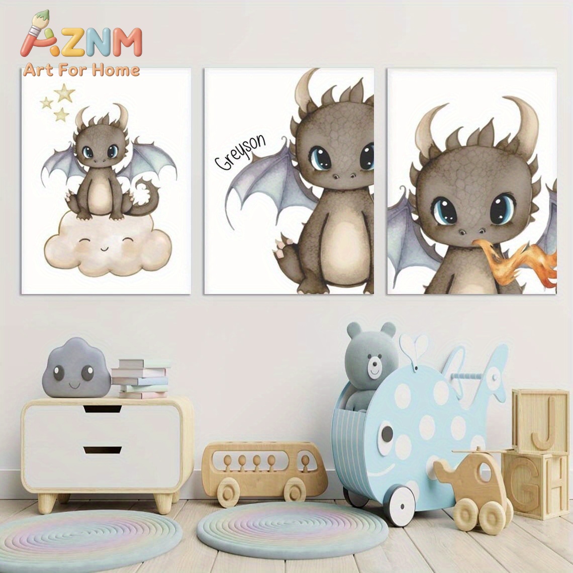 Baby Nursery Art - AZNM Niedlicher Baby-Drache Leinwand-Wandbild Cartoon-Fantasiestier Wolke