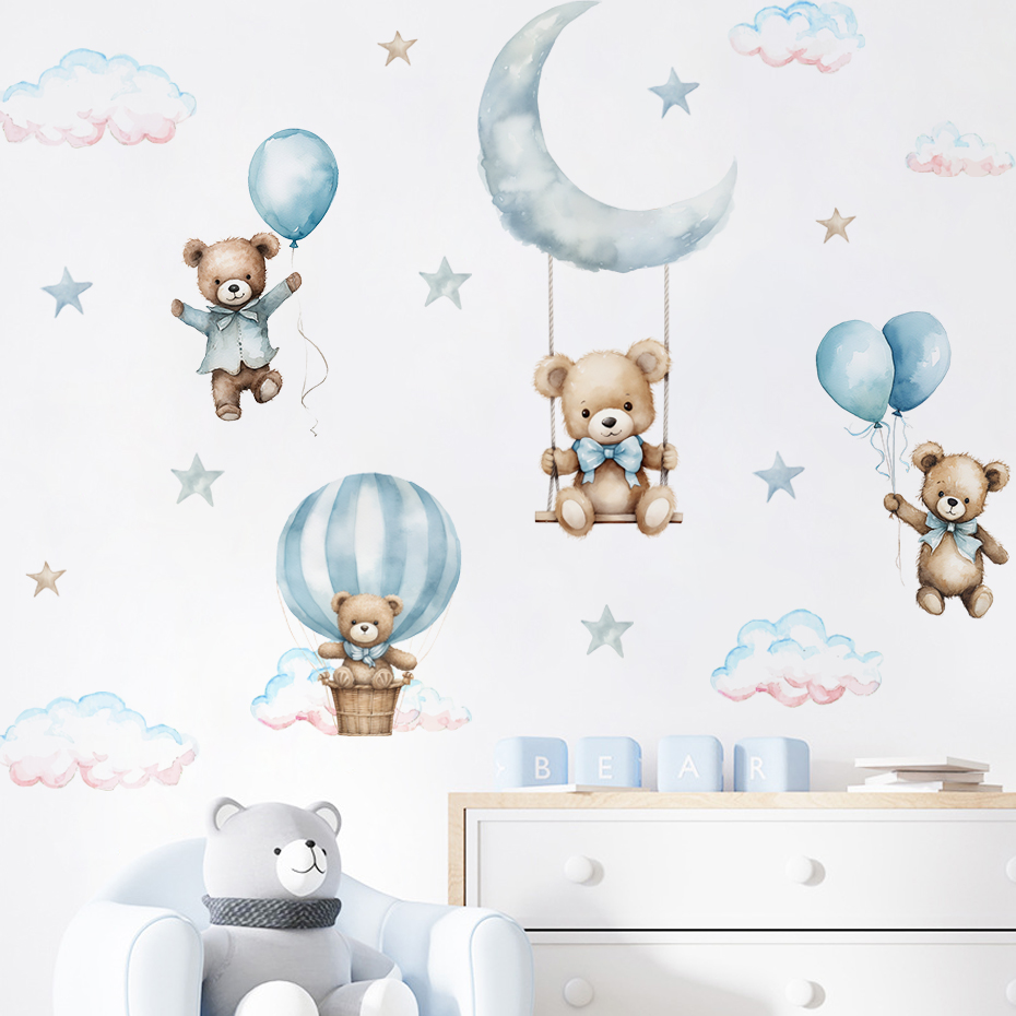Baby Nursery Wallpaper - Aquarell Bär Heißluftballon Wolke Wandaufkleber Blaue