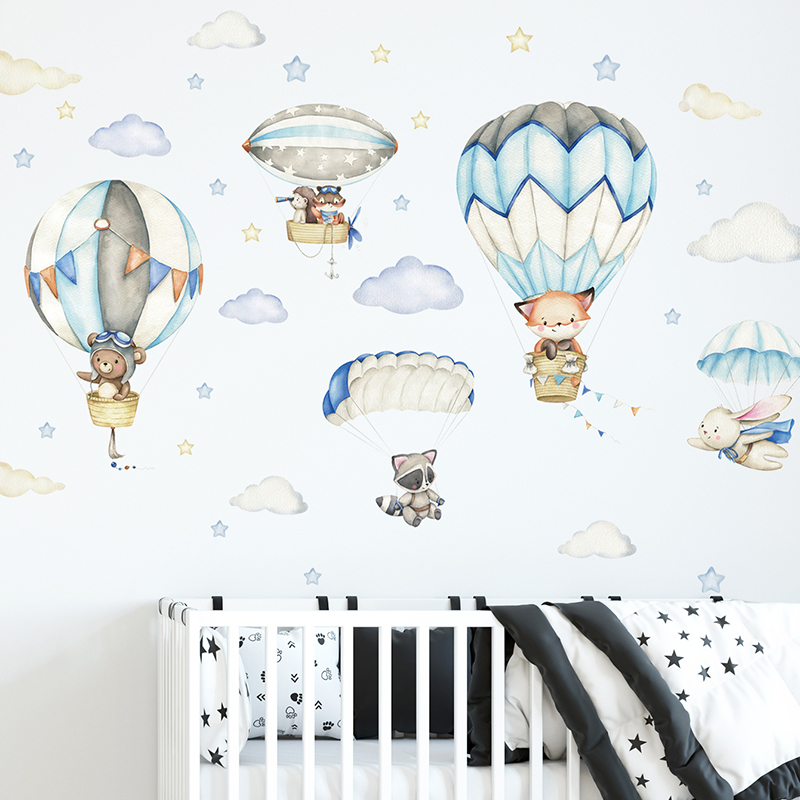Baby Nursery Wallpaper - Cartoon Niedliche Tiere Heißluftballon Wandaufkleber für