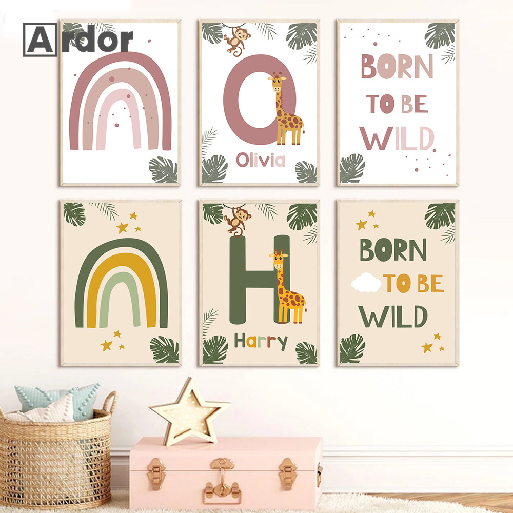 Baby Name Wall Art - Nordic Dschungel Tier Poster Benutzerdefinierte Name