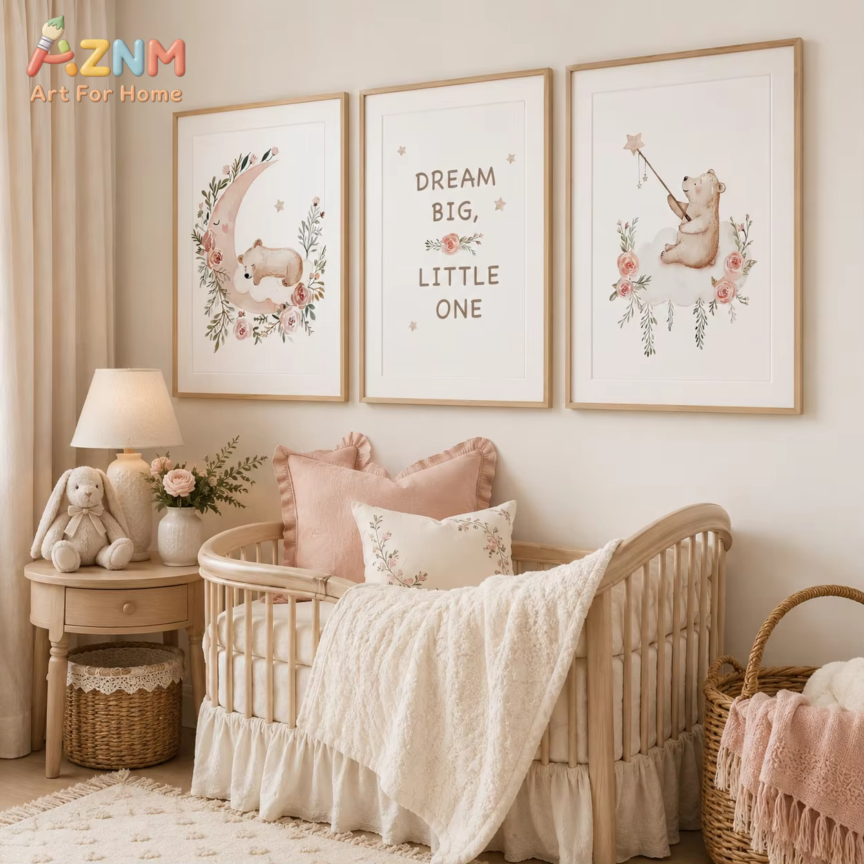 Baby Nursery Quotes Wall Art - AZNM Kinderzimmer-Blumen-Wandkunst, niedliches Teddybär-Mond-Zitat-Leinwandbild, Baby-Posterdruck für
