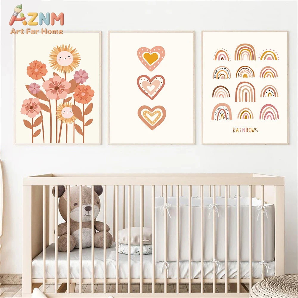 Baby Nursery Art - AZNM Boho niedliche Sonnenblumen-Herz-Regenbogen-Leinwand-Wandkunst, warmer Terrakotta-Cartoon-Blumendruck