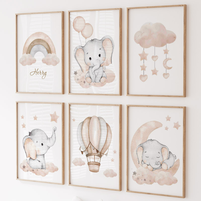 Baby Nursery Modern - Niedlicher Elefant, heißer Ballon, Mond, Regenbogen,