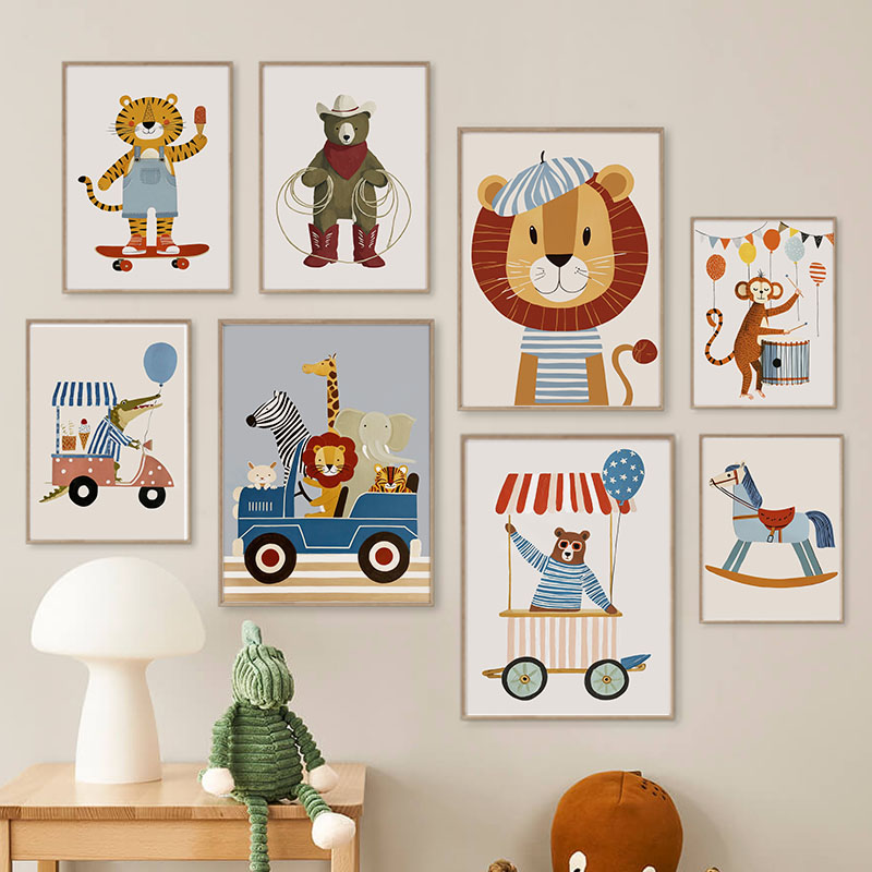 Baby Nursery Modern - Lustige Cartoon-Tier Auto Ballon Kinderzimmer Wandkunst