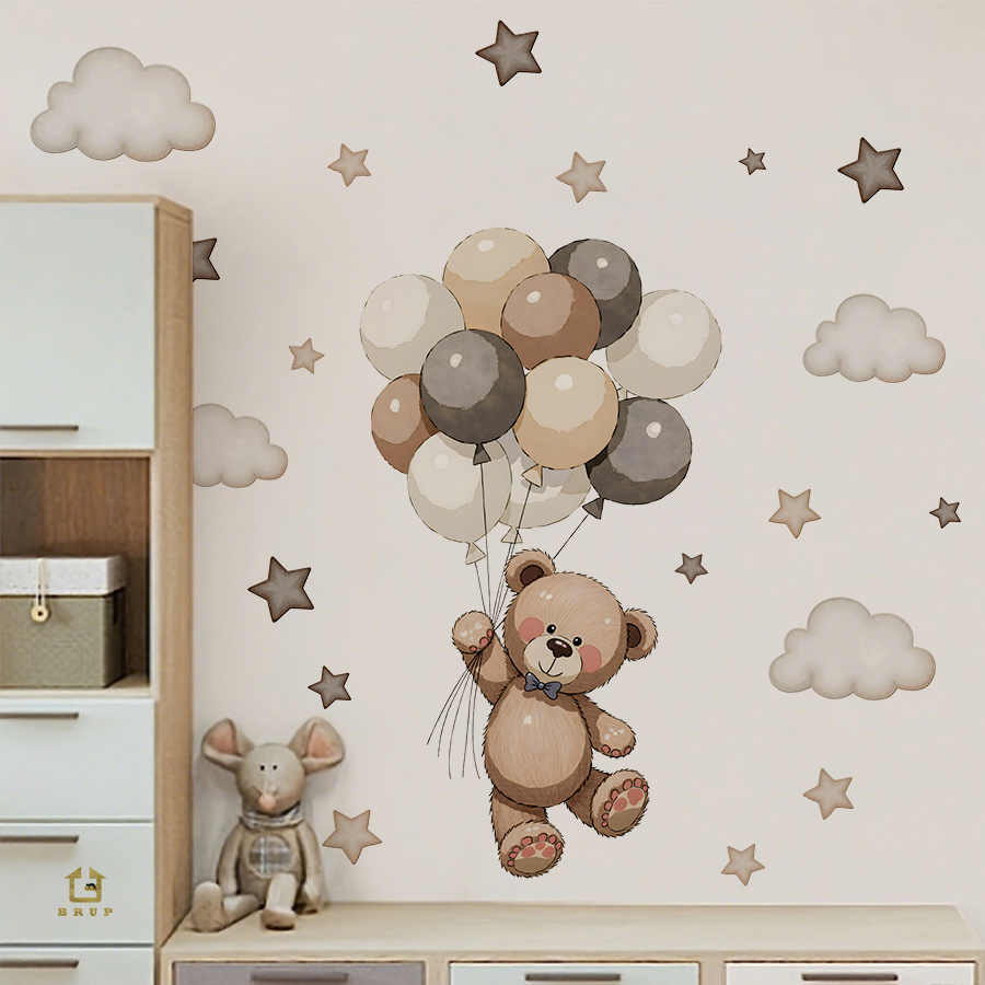 Baby Nursery Wallpaper - Entzückende Teddybär-Wandaufkleber, abnehmbare Dekoration mit Luftballons,