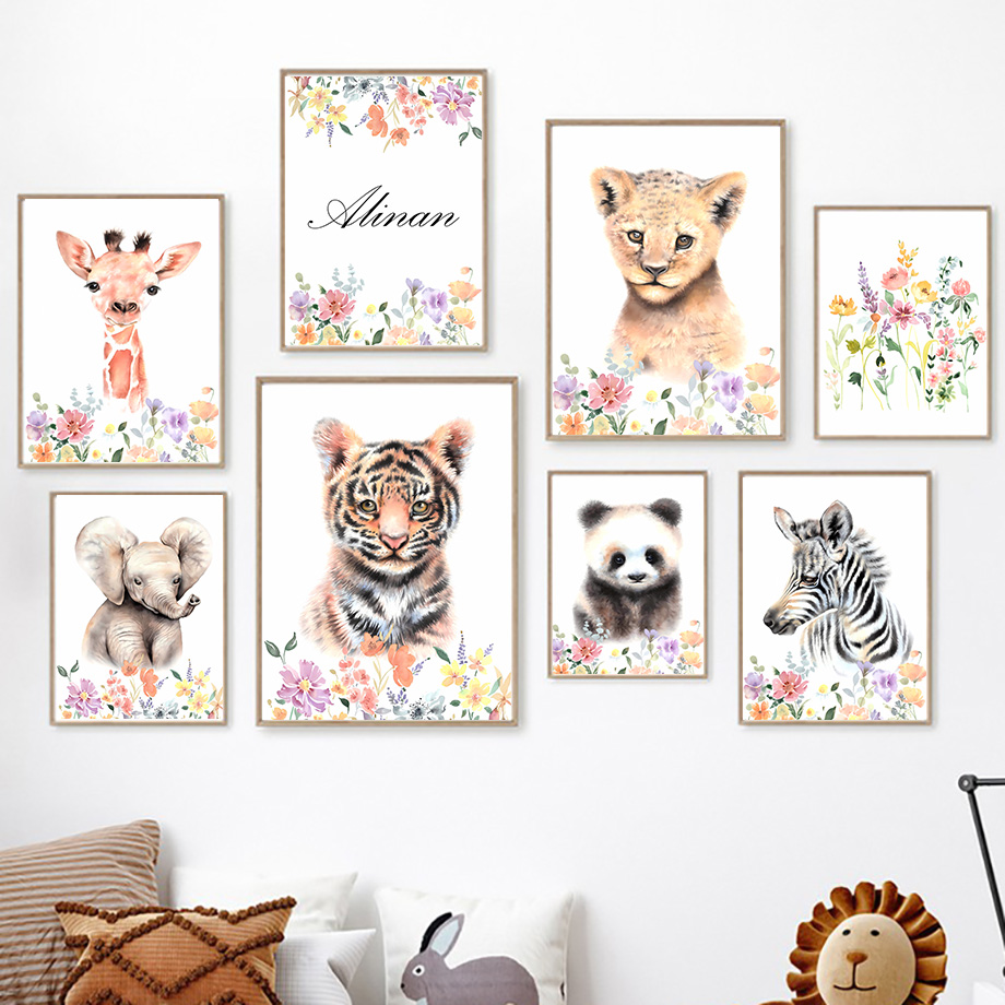 Baby Name Wall Art - Personalisierte Wandkunst mit Tiger, Panda, Elefant,