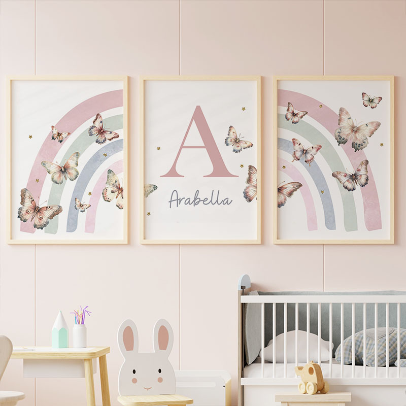 Baby Name Wall Art - Rosa Regenbogen Schmetterling Benutzerdefinierte Baby Name