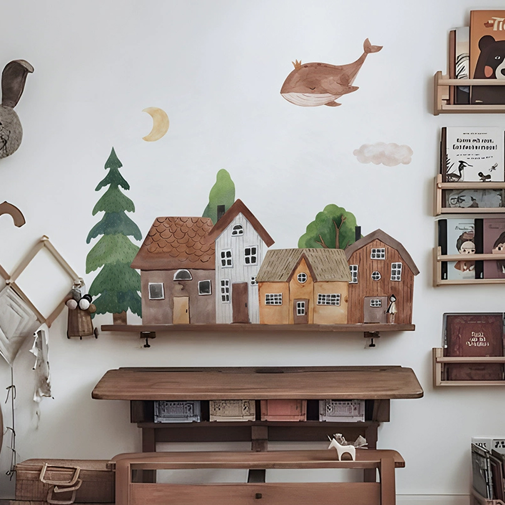 Baby Nursery Wall Mural - Stoff Cartoon Wald Vintage Stadt Wand