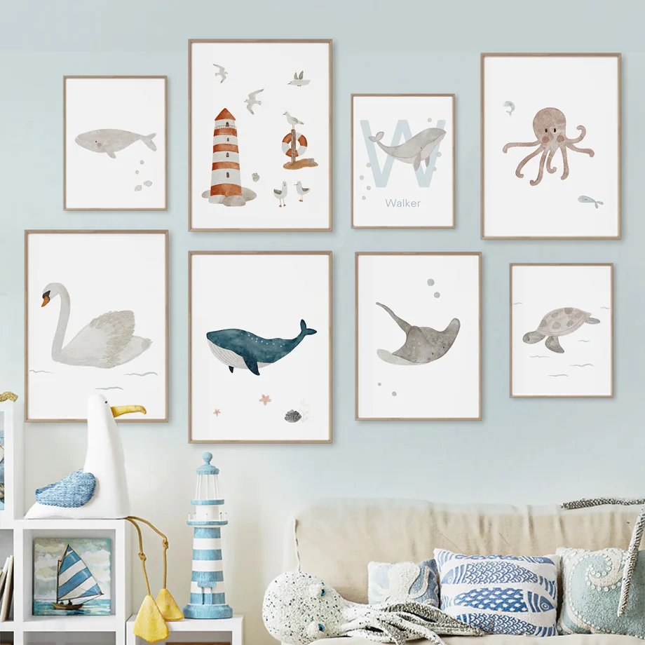 Baby Name Wall Art - Benutzerdefinierte Name Wal Oktopus Schildkröte Schwan