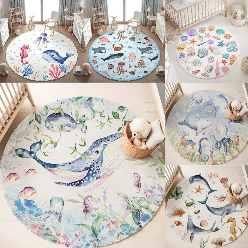 Blauer runder Teppich mit Meer – Baby Nursery Animal Prints Bewertung und Preis