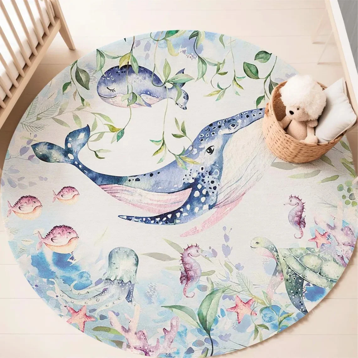 Blauer runder Teppich mit Meer – Baby Nursery Animal Prints Bewertung und Preis
