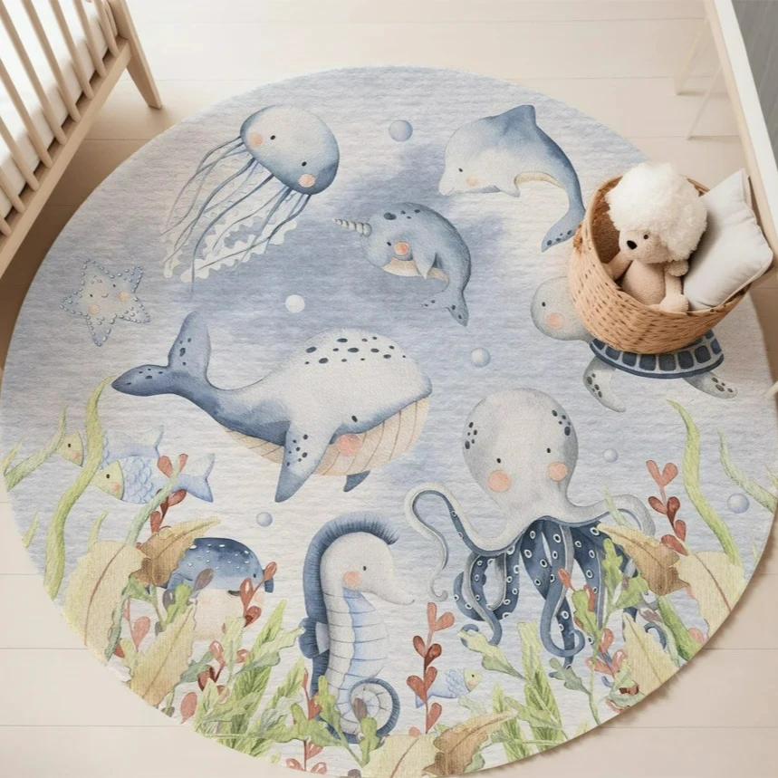 Blauer runder Teppich mit Meer – Baby Nursery Animal Prints Bewertung und Preis